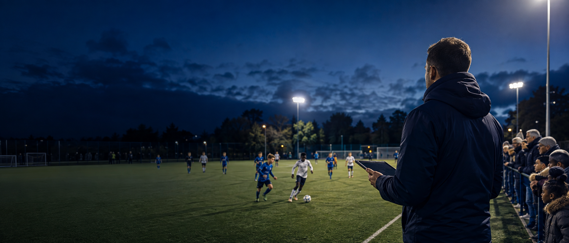 A coach using technology beside a floodlit youth football tournament